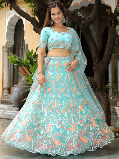 Sky Blue Soft Net Sequins Work Lehenga Choli for Party