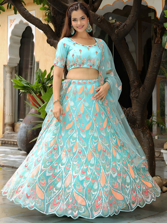 Sky Blue Soft Net Sequins Work Lehenga Choli for Party