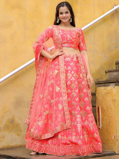 Peach Slub Silk Embroidered Work Lehenga Choli for Sangeet