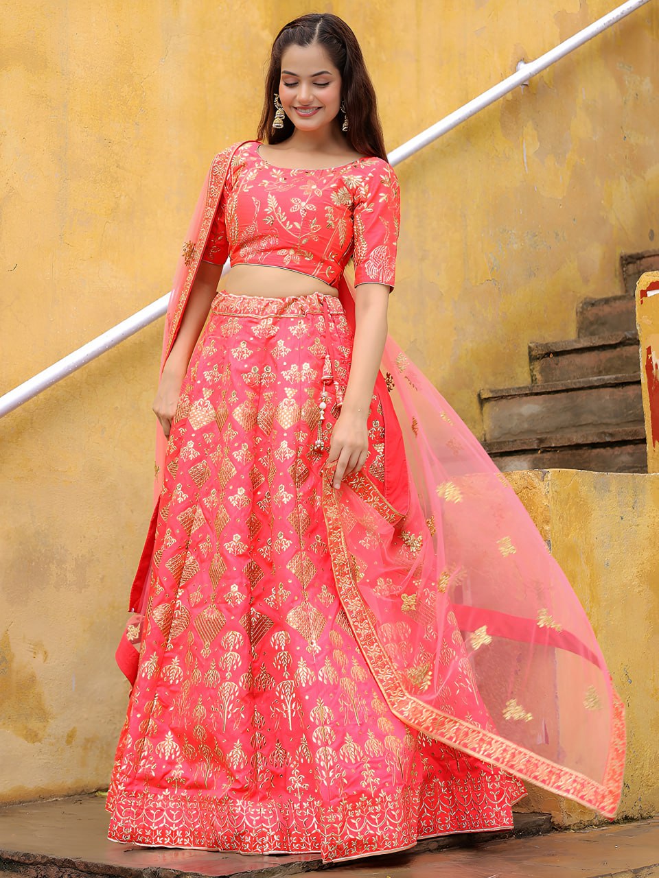 Peach Slub Silk Embroidered Work Lehenga Choli for Sangeet