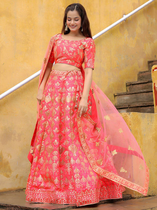 Peach Slub Silk Embroidered Work Lehenga Choli for Sangeet