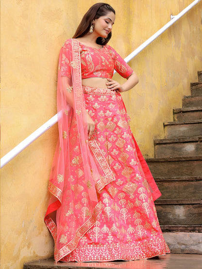 Peach Slub Silk Embroidered Work Lehenga Choli for Sangeet