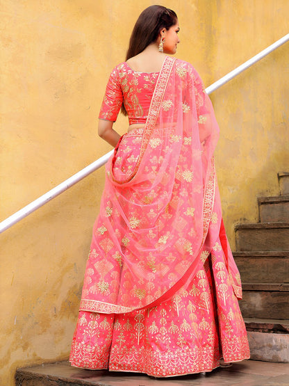 Peach Slub Silk Embroidered Work Lehenga Choli for Sangeet