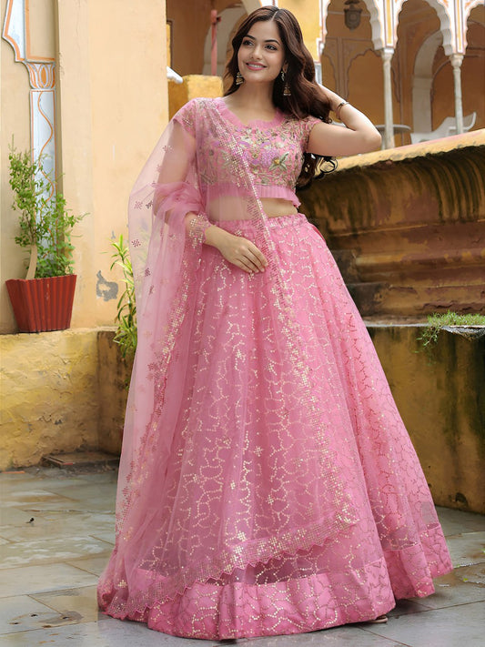Pink Soft Net Sequins Work Reception Wear Lehenga Choli