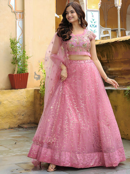 Pink Soft Net Sequins Work Reception Wear Lehenga Choli