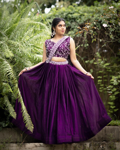 Purple satin embroidery work chaniya choli 