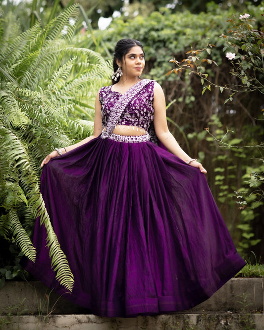 Purple satin embroidery work chaniya choli 