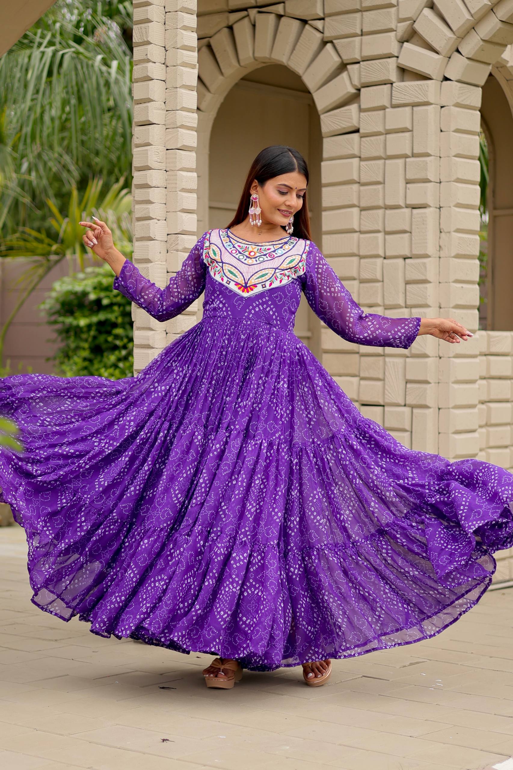 Purple embroidery work gown with online 