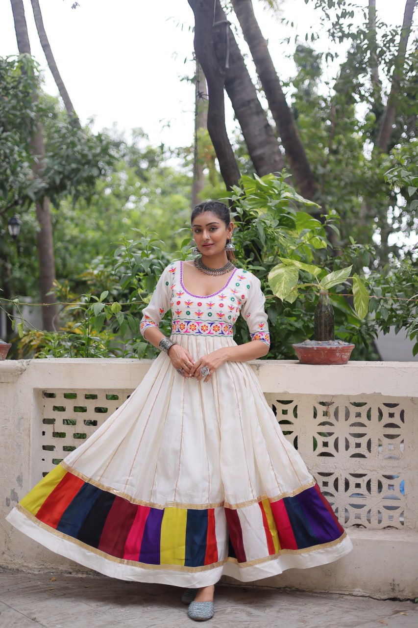 White color thread work gown for navratri