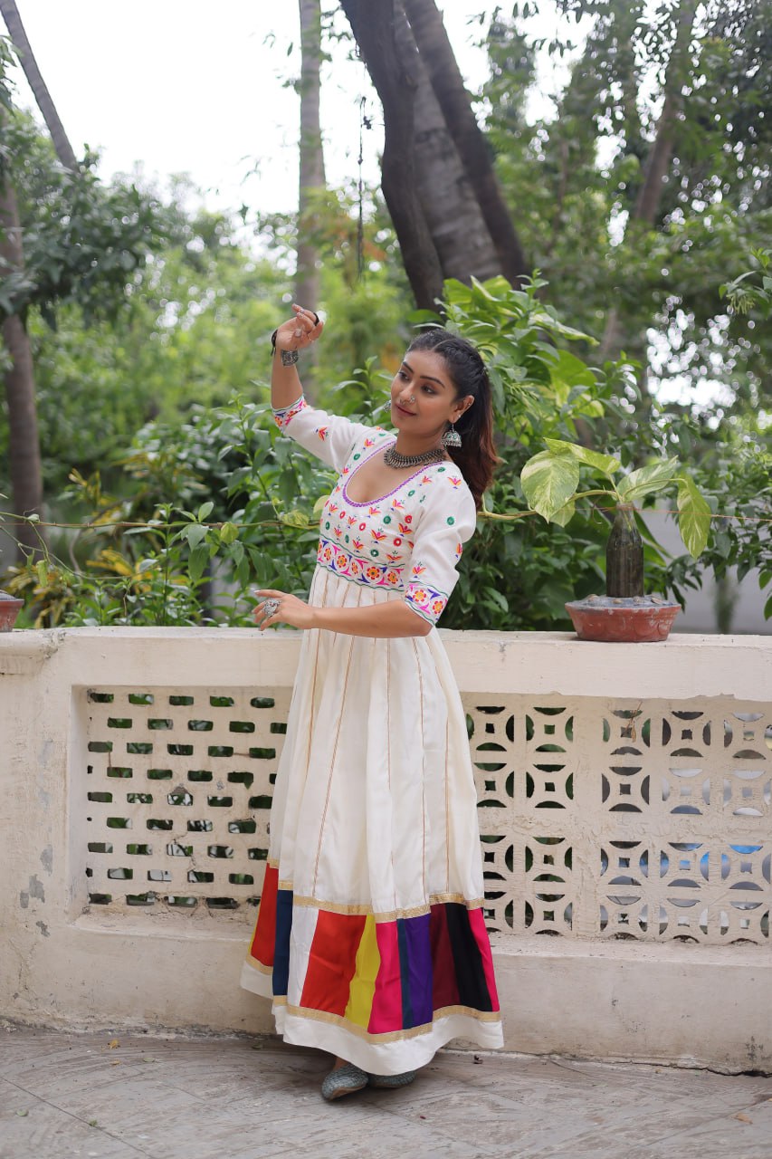 White color roman thread work gown 