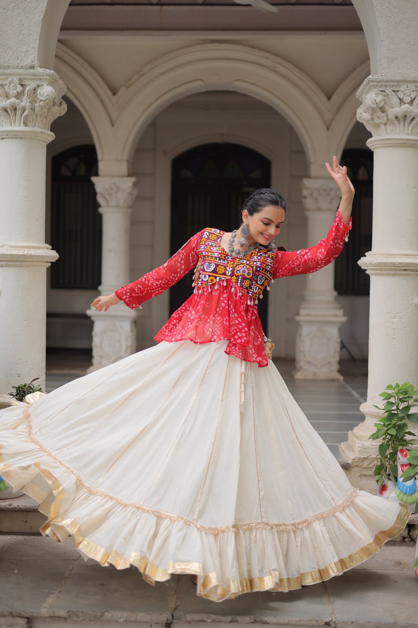 Kutchi gamthi patch work red lehenga with top