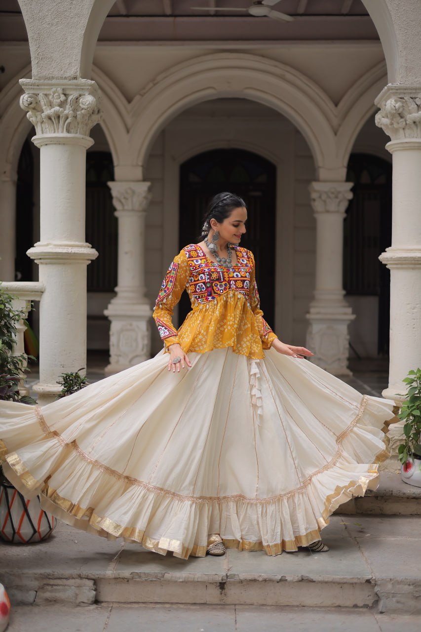 Yellow cotton kutchi work lehenga with top 
