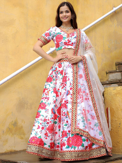 White Art Silk Printed Wedding Wear Lehenga Choli