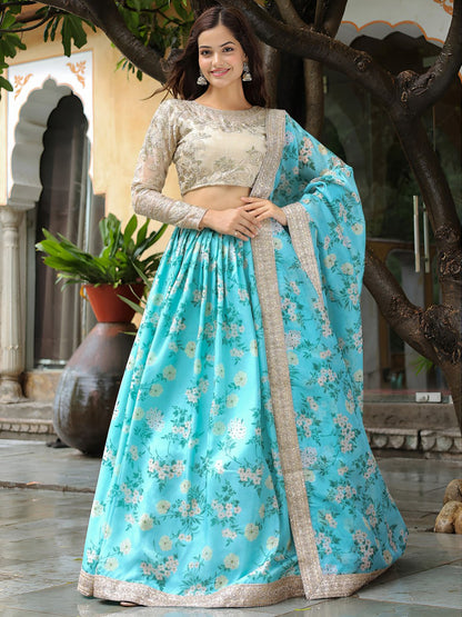 Sky Blue Organza Floral Printed Wedding Lehenga Choli