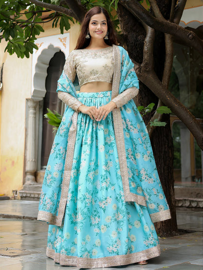 Sky Blue Organza Floral Printed Wedding Lehenga Choli