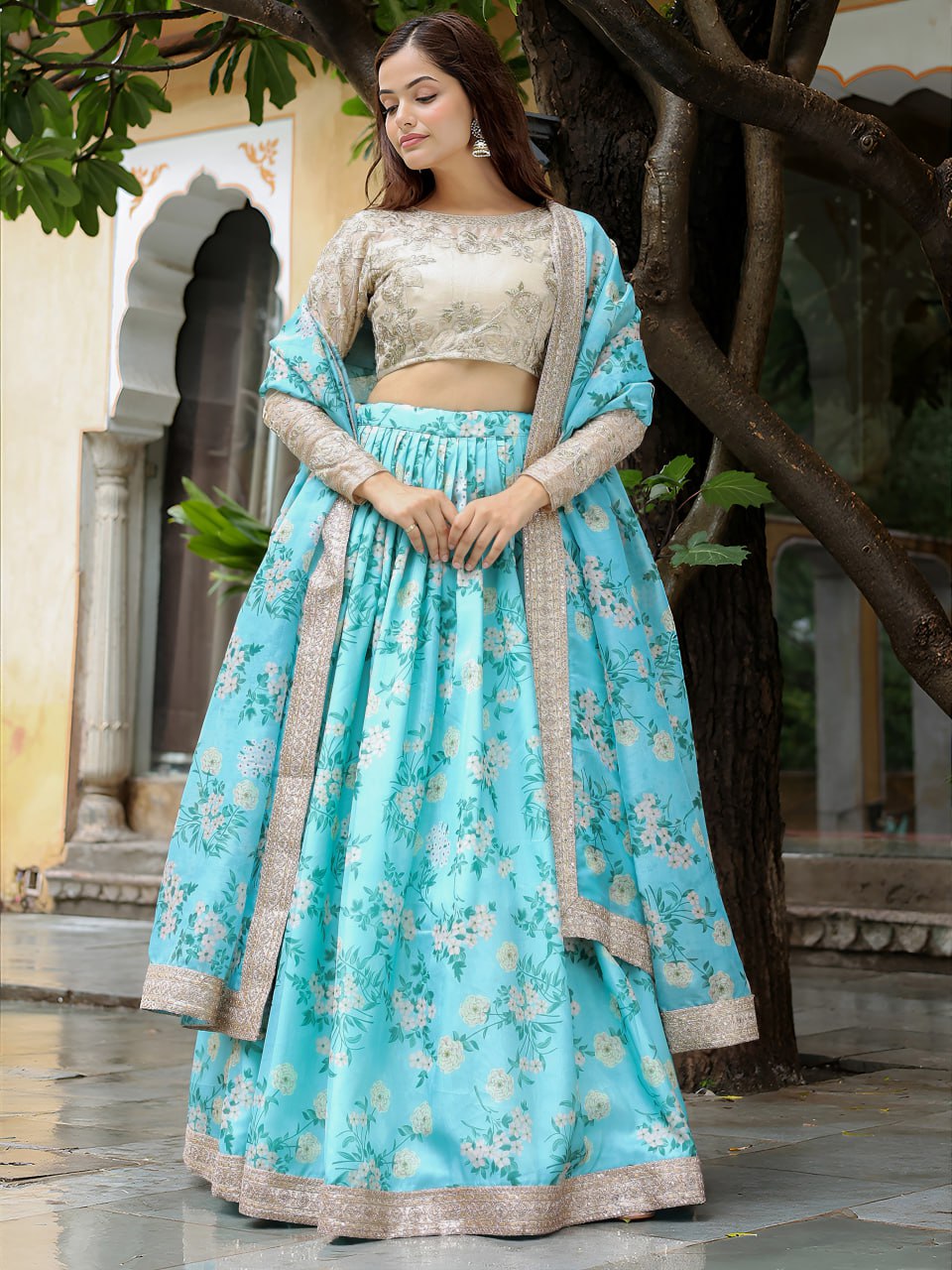 Sky Blue Organza Floral Printed Wedding Lehenga Choli