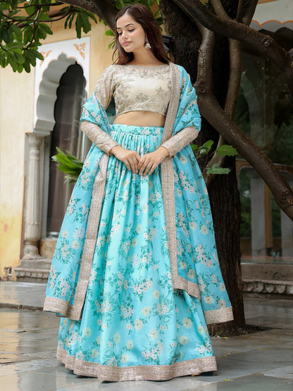 Sky Blue Organza Floral Printed Wedding Lehenga Choli