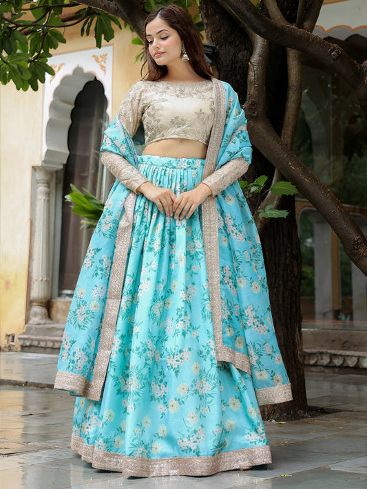 Sky Blue Organza Floral Printed Wedding Lehenga Choli