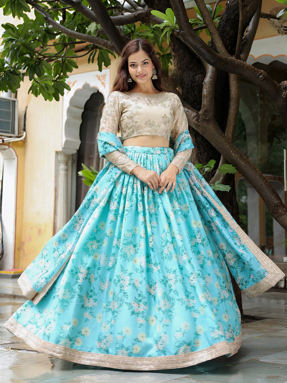 Sky Blue Organza Floral Printed Wedding Lehenga Choli