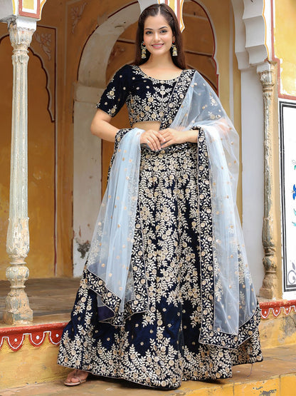 Navy Blue Velvet Bridesmaids Designer Lehenga Choli