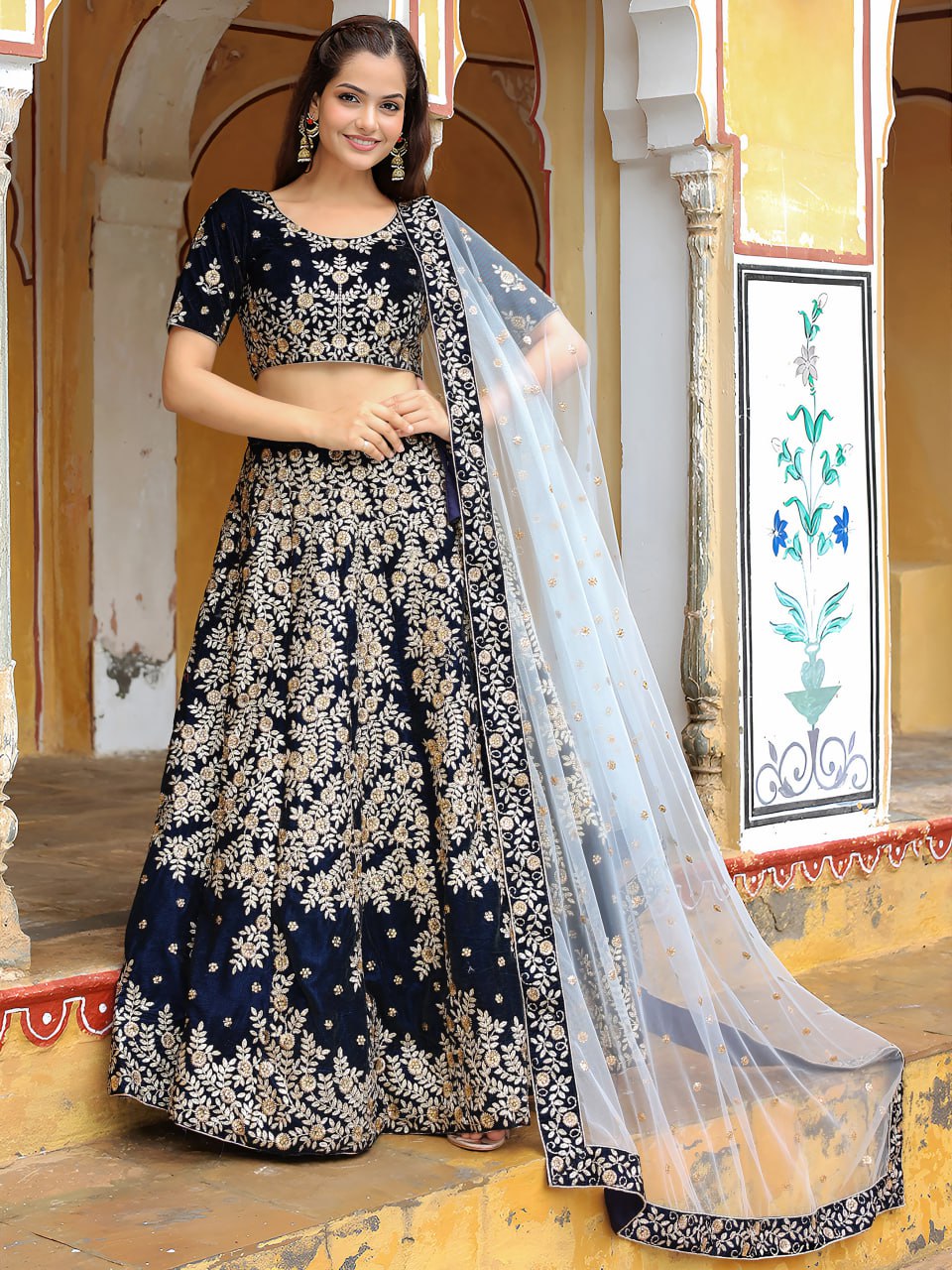 Navy Blue Velvet Bridesmaids Designer Lehenga Choli