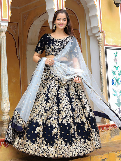 Navy Blue Velvet Bridesmaids Designer Lehenga Choli