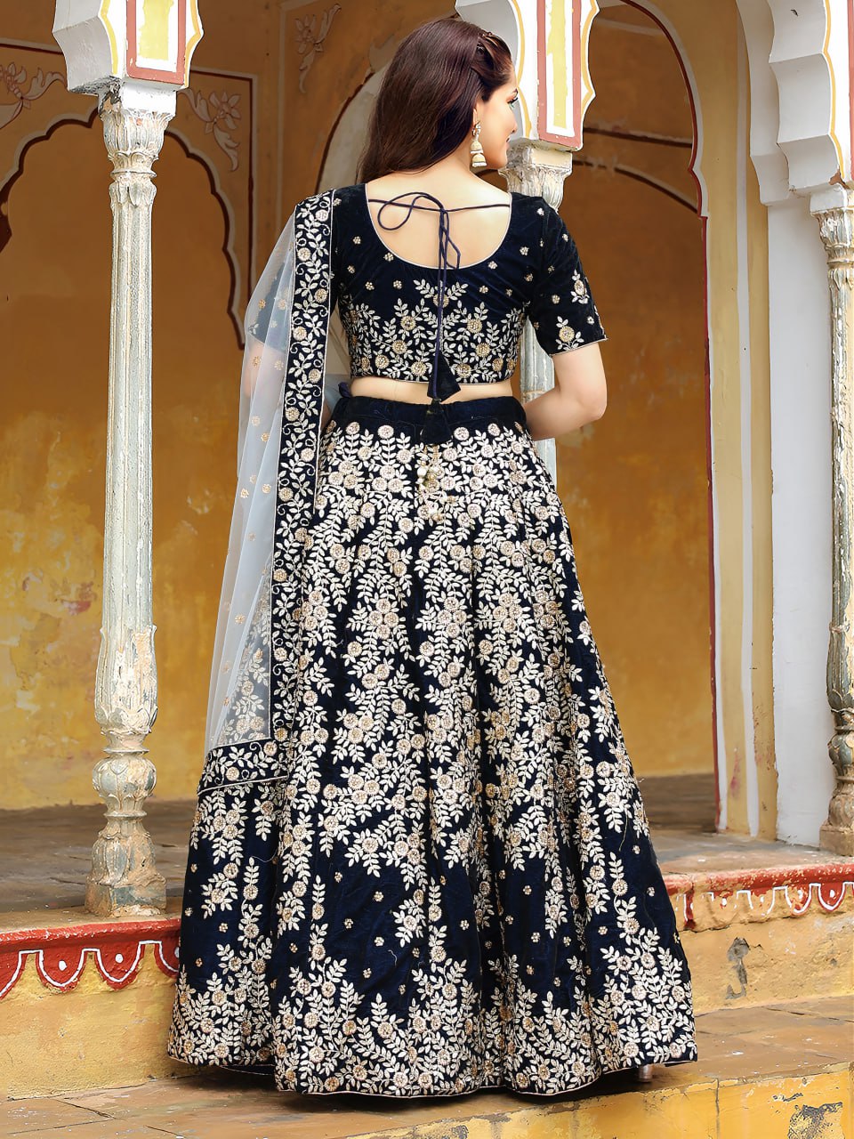 Navy Blue Velvet Bridesmaids Designer Lehenga Choli