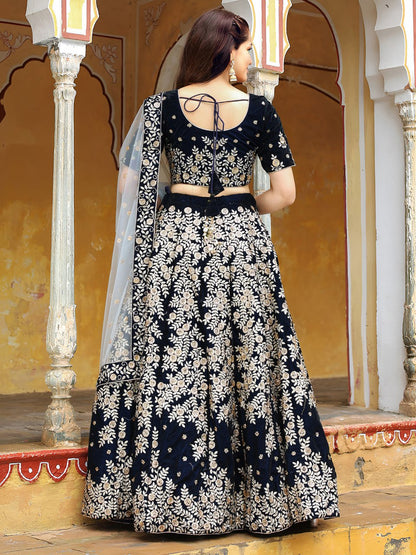 Navy Blue Velvet Bridesmaids Designer Lehenga Choli