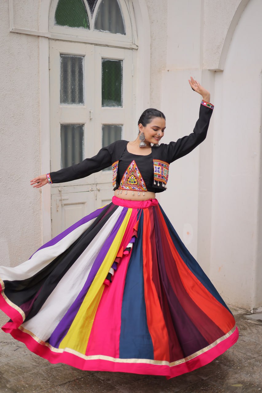 Garba wear multi color mirror work lehenga with top