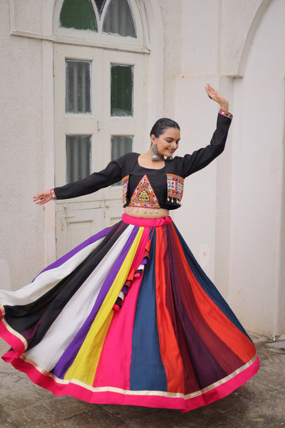 Garba wear multi color mirror work lehenga with top