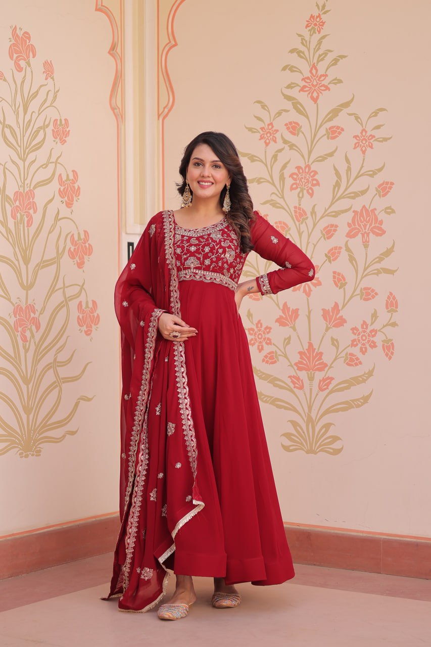 Red color embroidery work gown