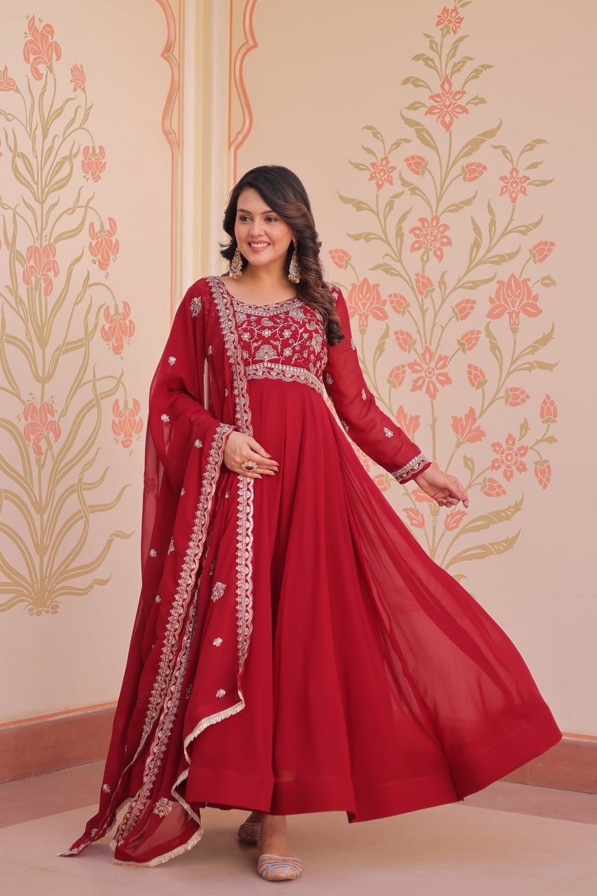 Long sleeves red color anarkali gown with price