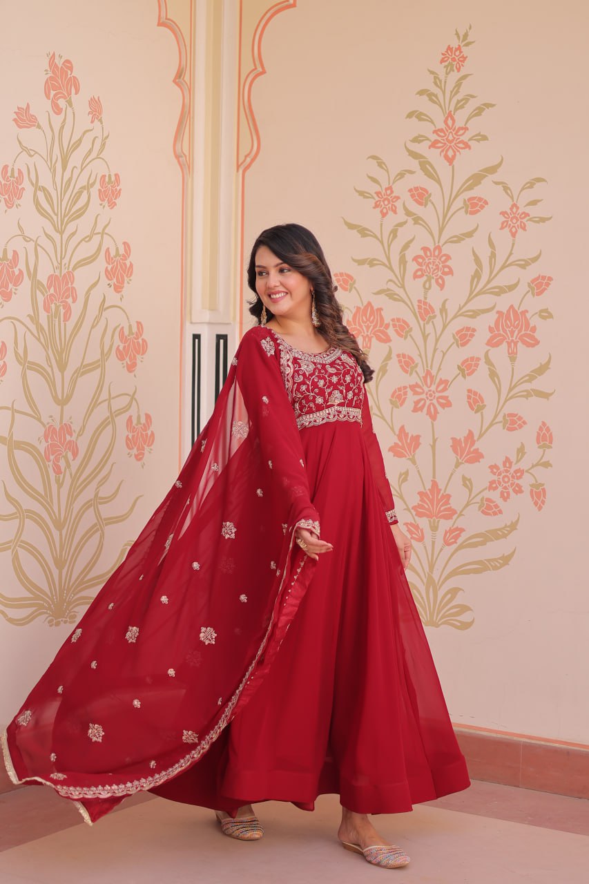 Red faux blooming long gown for party