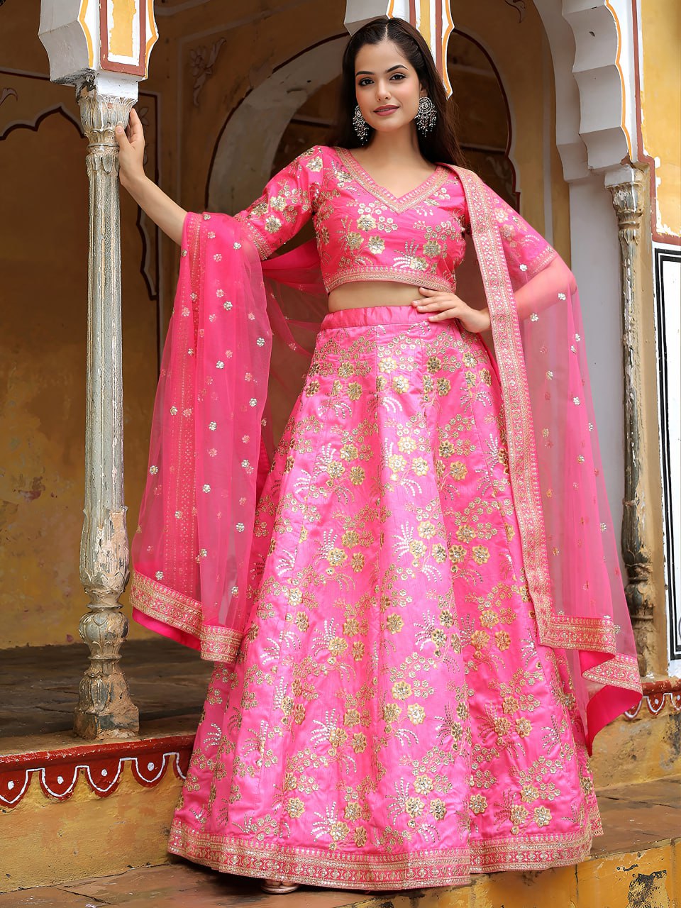 Indian Readymade Pink Slub Silk Party Wear Lehenga Choli