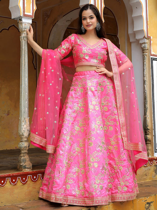 Indian Readymade Pink Slub Silk Party Wear Lehenga Choli