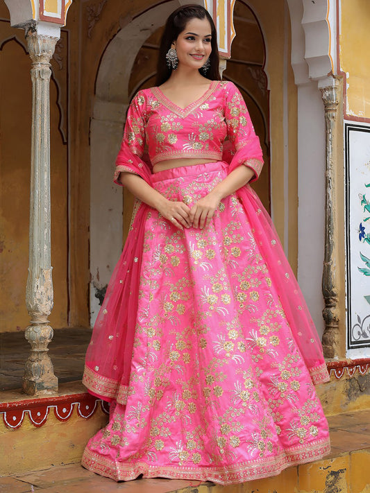Indian Readymade Pink Slub Silk Party Wear Lehenga Choli