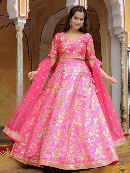 Indian Readymade Pink Slub Silk Party Wear Lehenga Choli