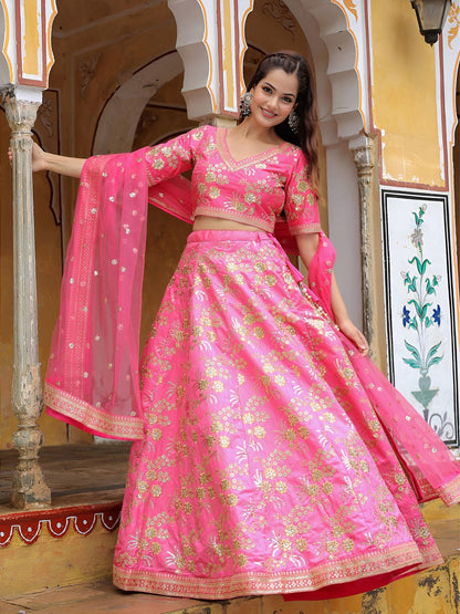 Indian Readymade Pink Slub Silk Party Wear Lehenga Choli