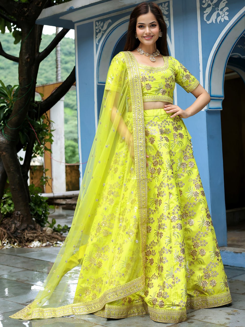 Neon Slub Silk Embroidered Sequins Lehenga Choli
