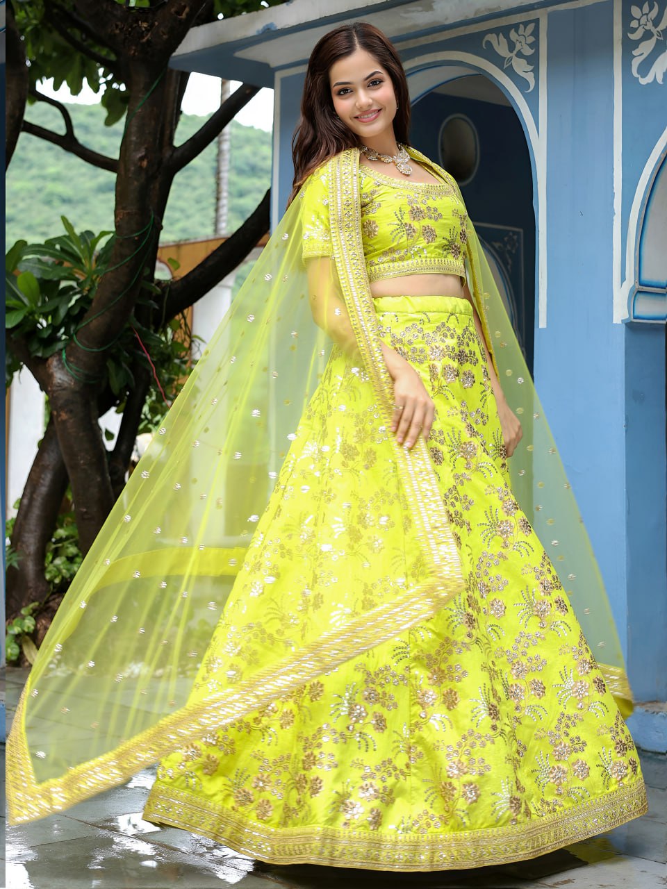 Neon Slub Silk Embroidered Sequins Lehenga Choli