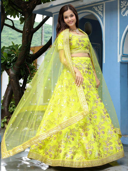 Neon Slub Silk Embroidered Sequins Lehenga Choli