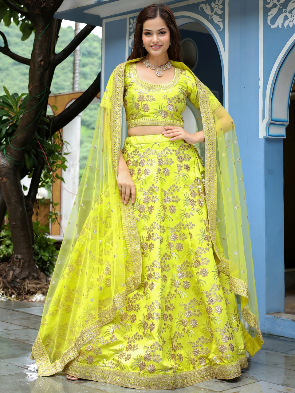 Neon Slub Silk Embroidered Sequins Lehenga Choli