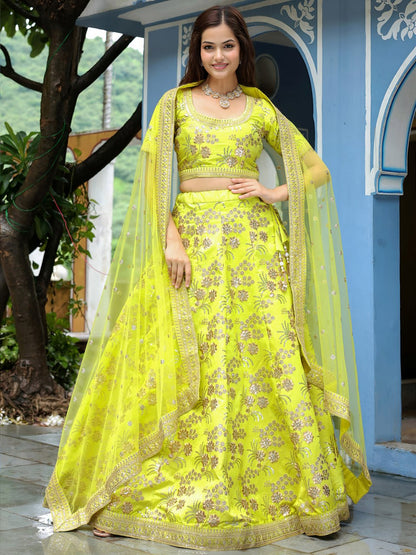 Neon Slub Silk Embroidered Sequins Lehenga Choli