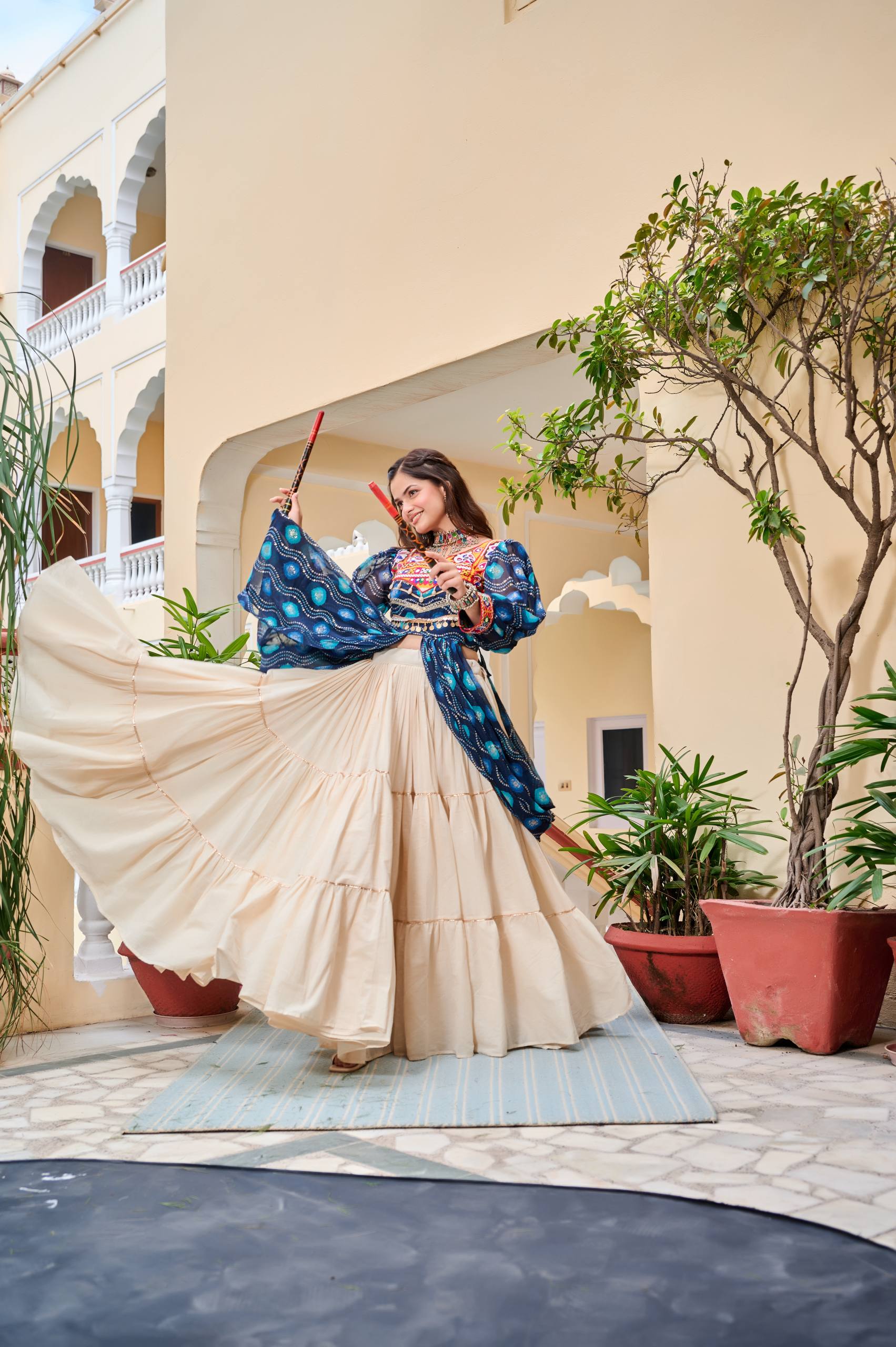 Blue color cotton lehenga choli for festive 