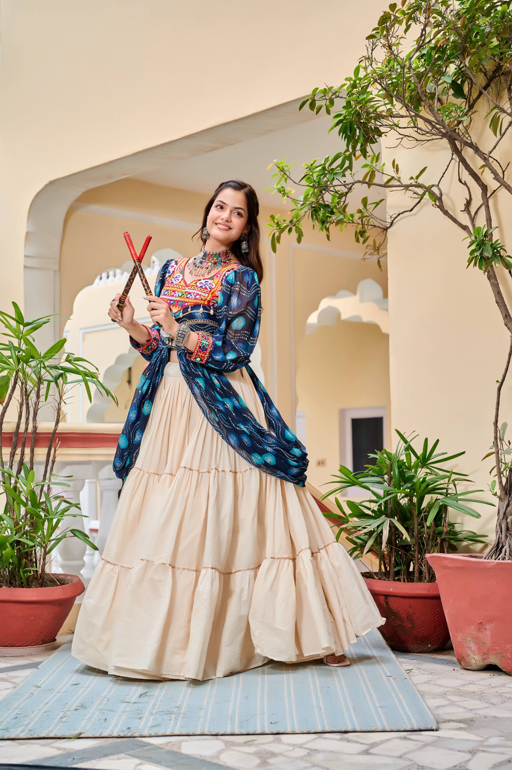 Blue mirror work lehenga choli with price 