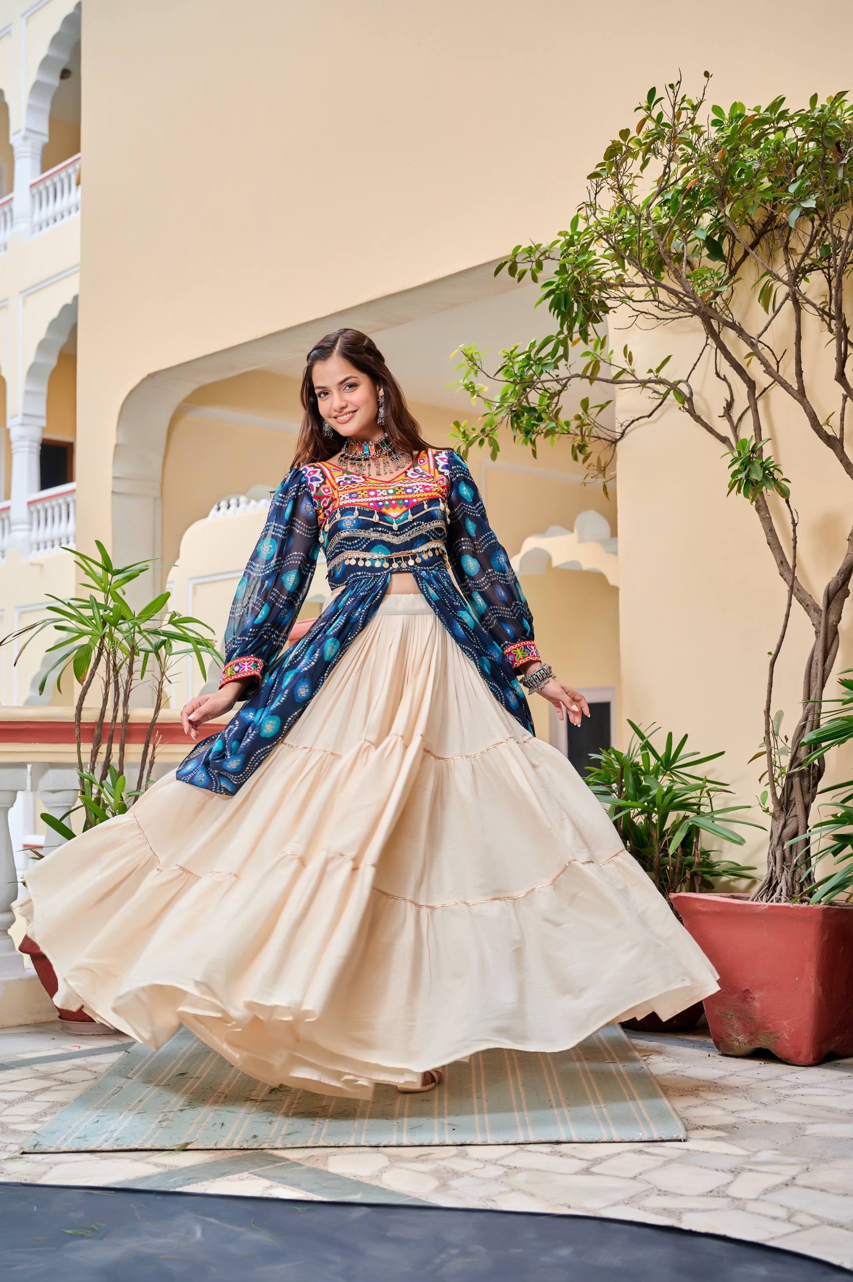 Blue cotton gamthi work lehenga with top 