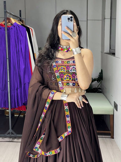 Brown mirror work ghagra choli for garba wear