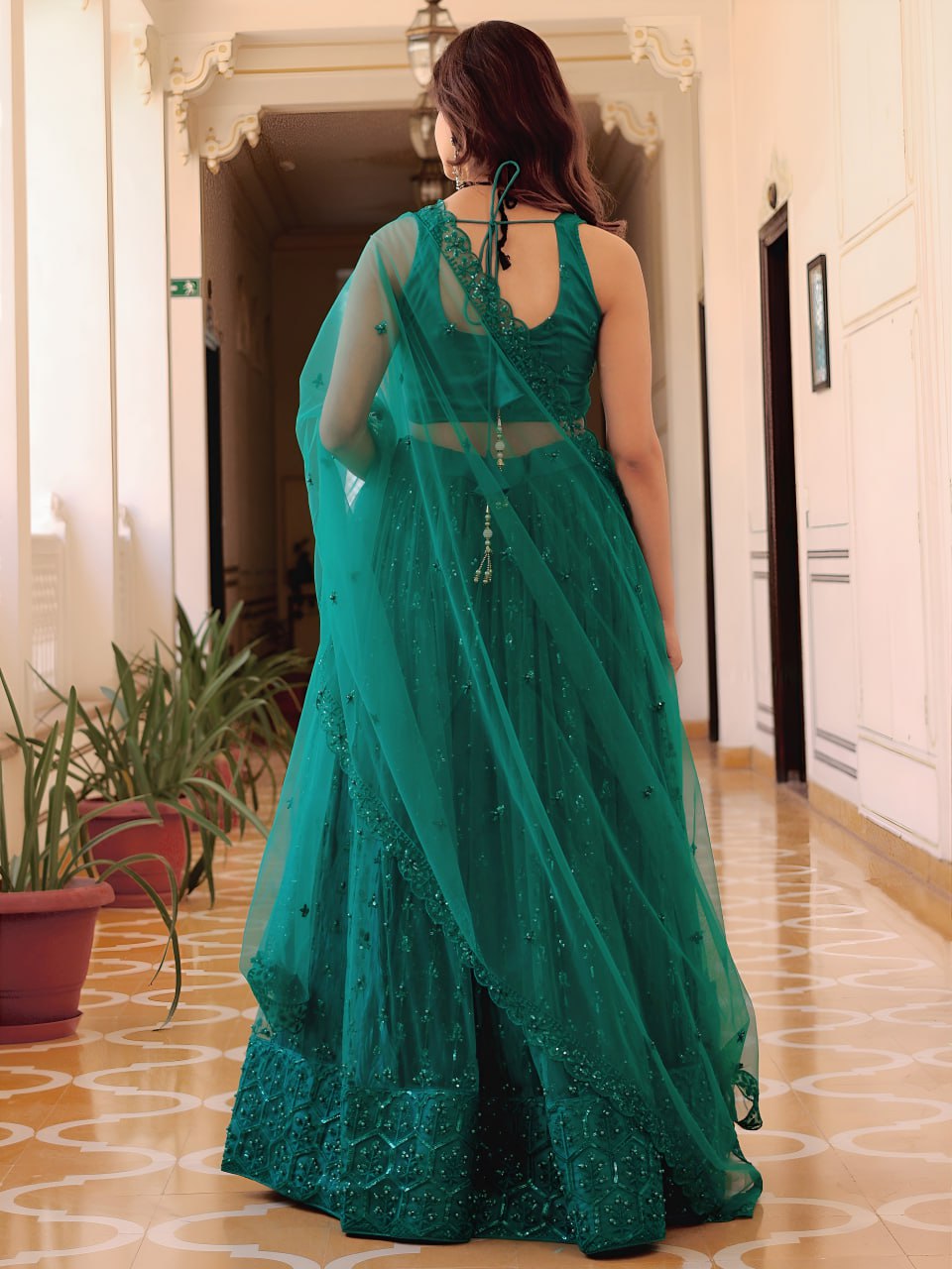 Teal Green Soft Net Sequins Embroidered Lehenga Choli