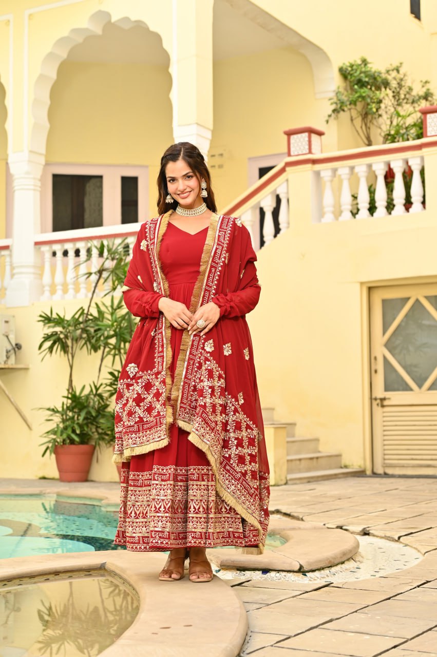 Fantastic Red Color Sequins Embroidered Anarkali Gown