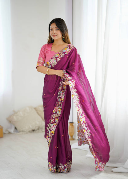 Celebrity Style Purple Color Wedding Wear Saree for Women